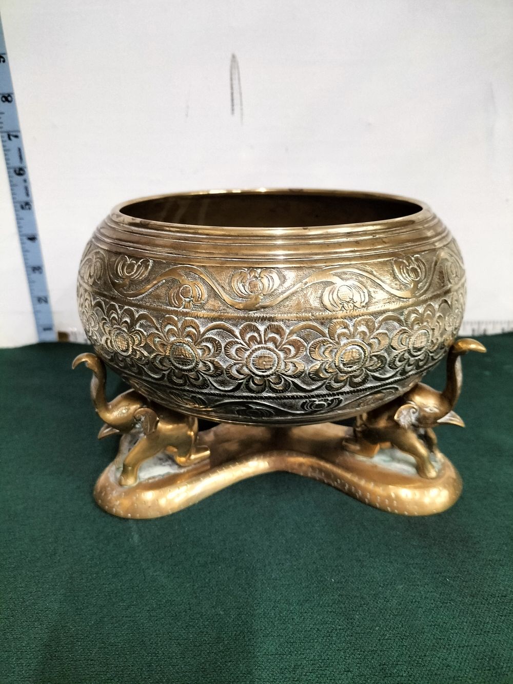 Lot 213 – Indian Brass Engraved Bowl with Elephant Tripod Stand