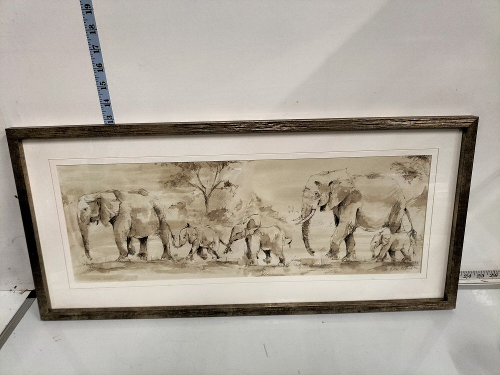 Lot 219 – Framed Sepia Artwork of Elephants by Rose Monckton