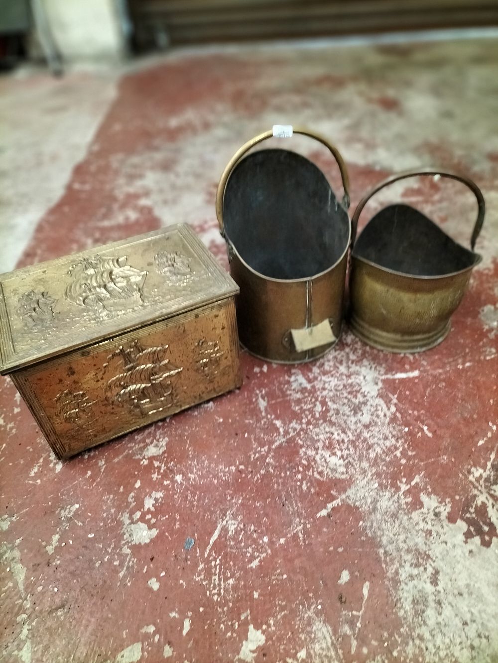 Lot 261 – Two Vintage Brass Coal Scuttles and Log Box