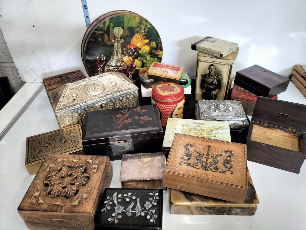 Lot 184 – An Assortment of Vintage and Antique Advertising Tins, Decorative Wooden Boxes, and Metalware