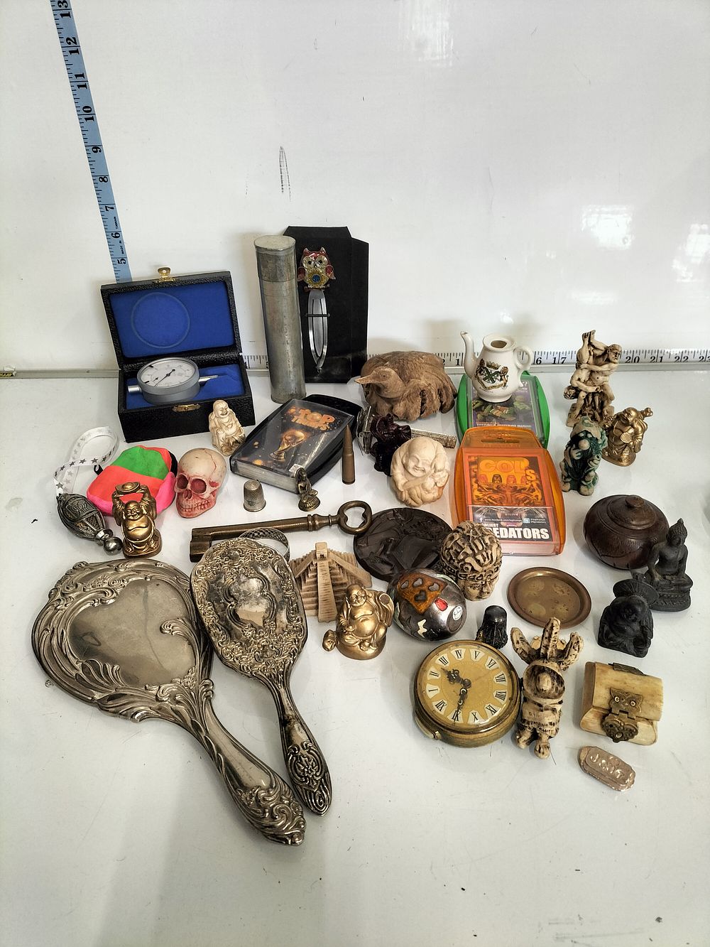 Lot 186 – An Assortment of Collectibles and Decorative Items including a Dial Indicator, Vanity Set, and Figurines