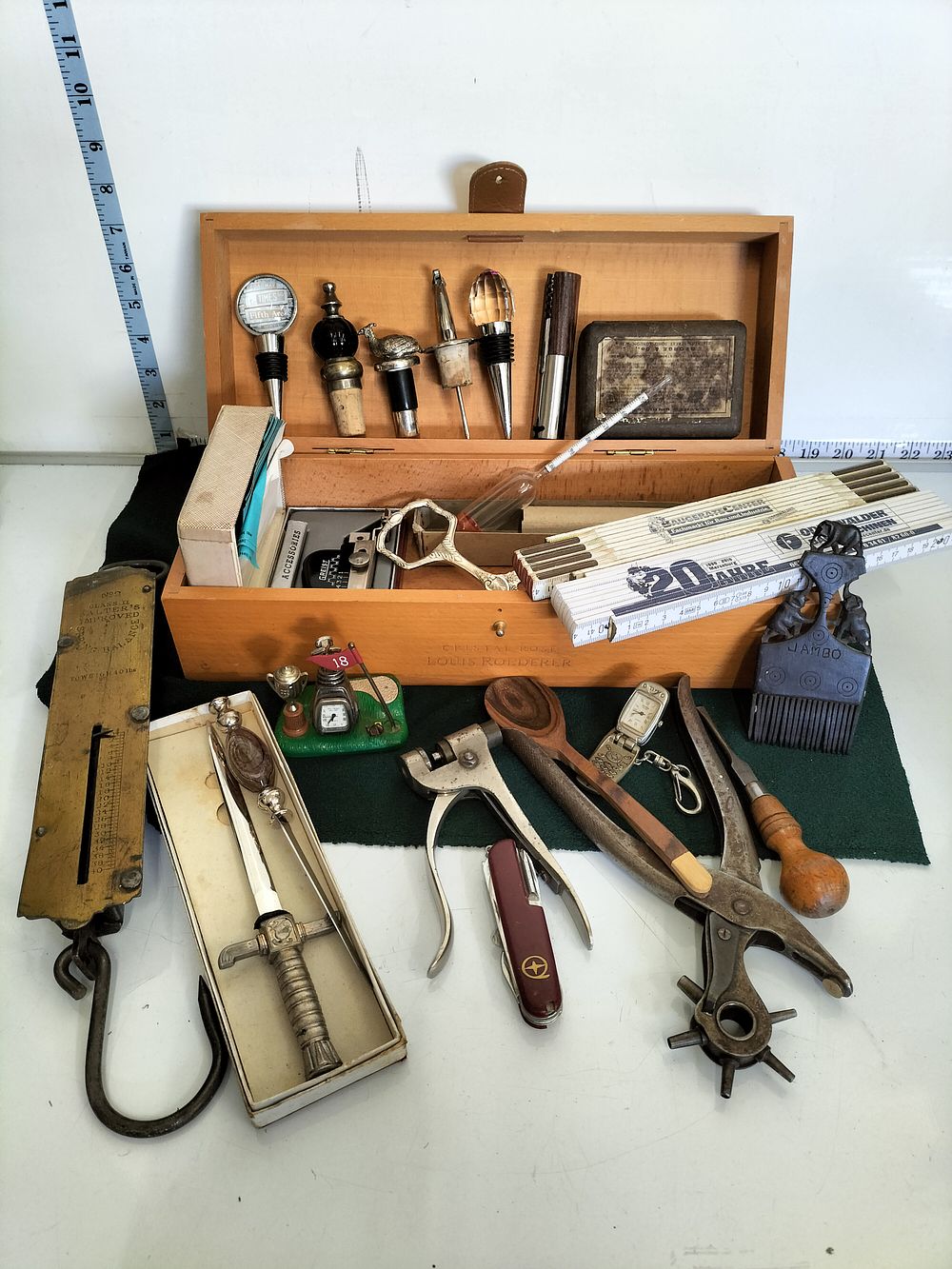 Lot 238 – An Assortment of Vintage Tools, Barware, and Collectibles within a Louis Roederer Wooden Case