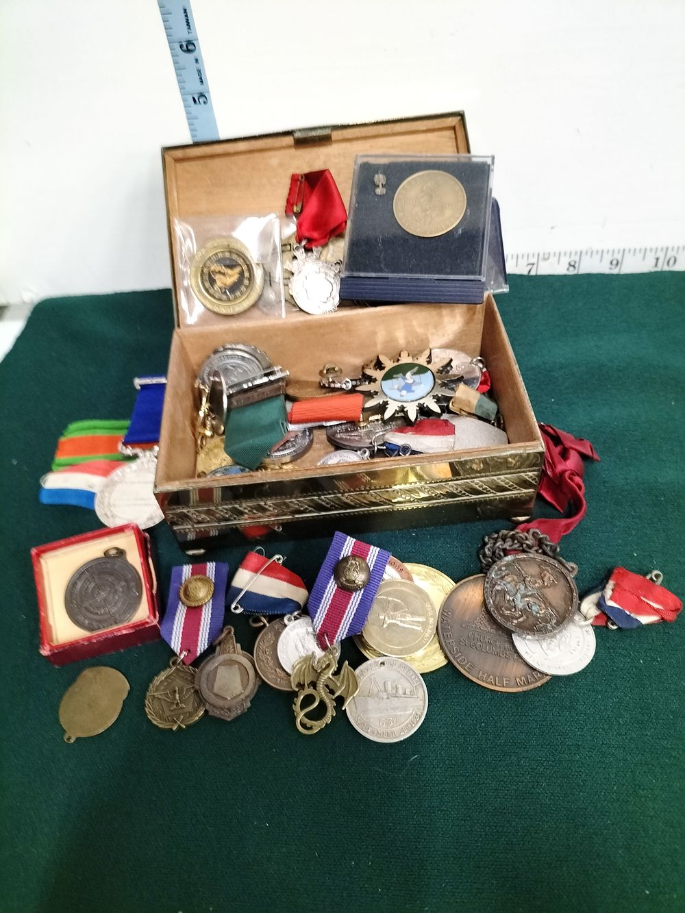 Lot 287 – A Collection of Commemorative and Service Medals, Badges, and Tokens in a Brass-Bound Box