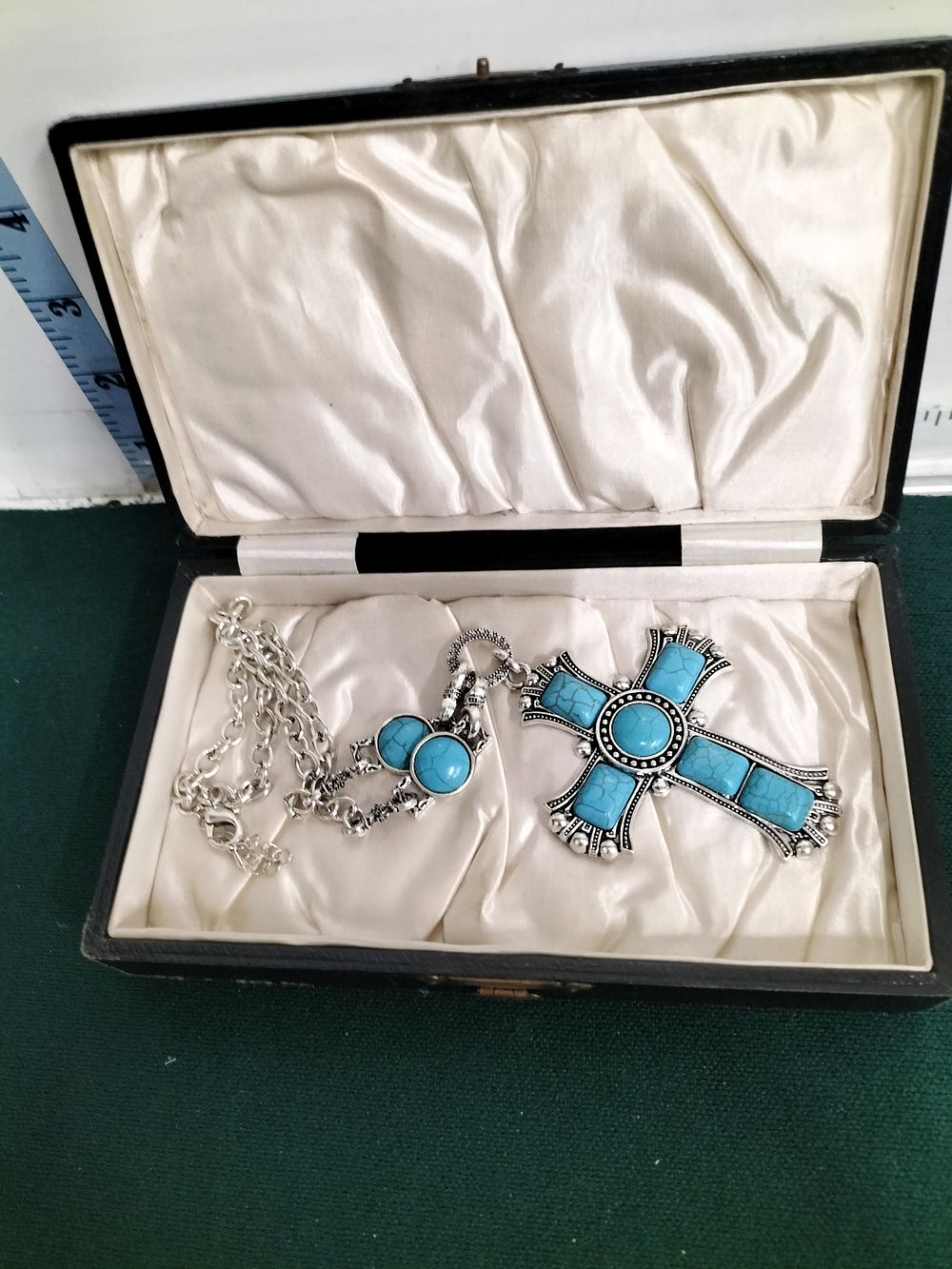 Lot 296 – Large Bohemian Style Silver Tone and Turquoise Coloured Cross Pendant Necklace