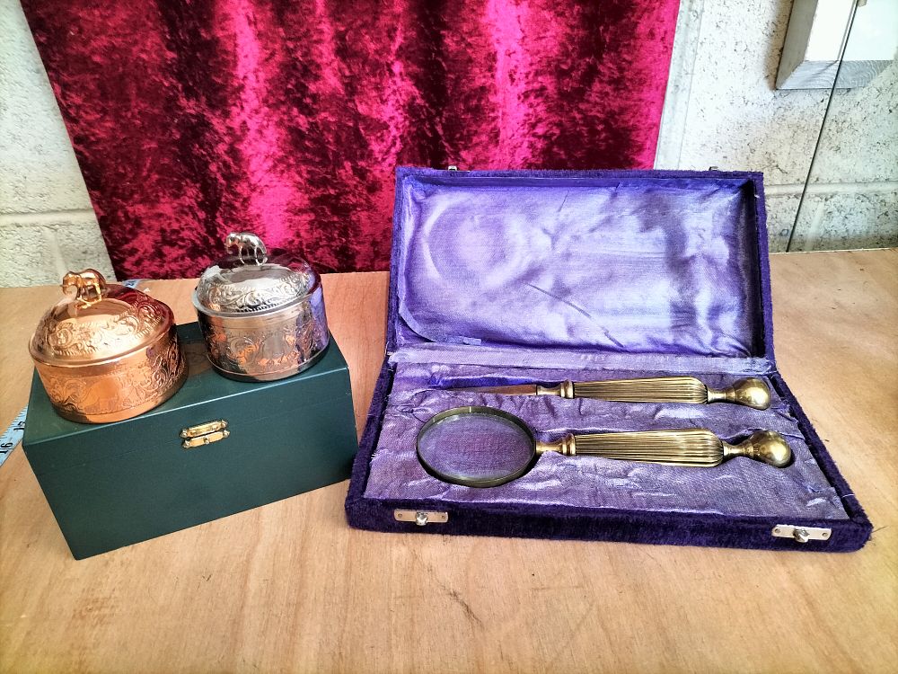 Lot 159 – A Collection of Decorative Metalware including a Boxed Desk Set and Lidded Pots