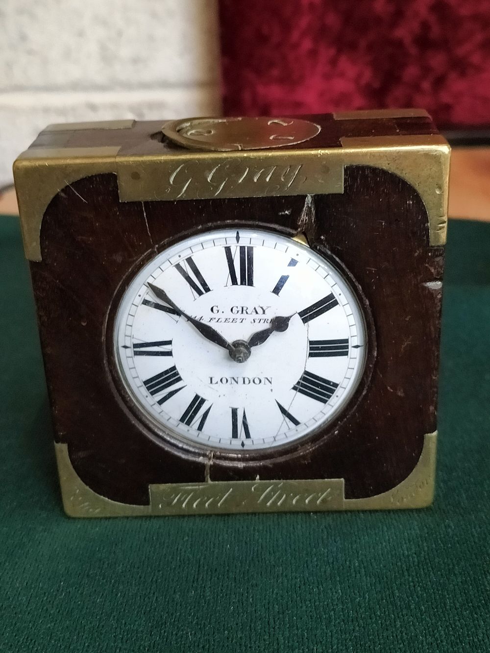 Lot 171 – Mid-Victorian Mahogany and Brass Campaign-Style Desk Clock by George Gray of London