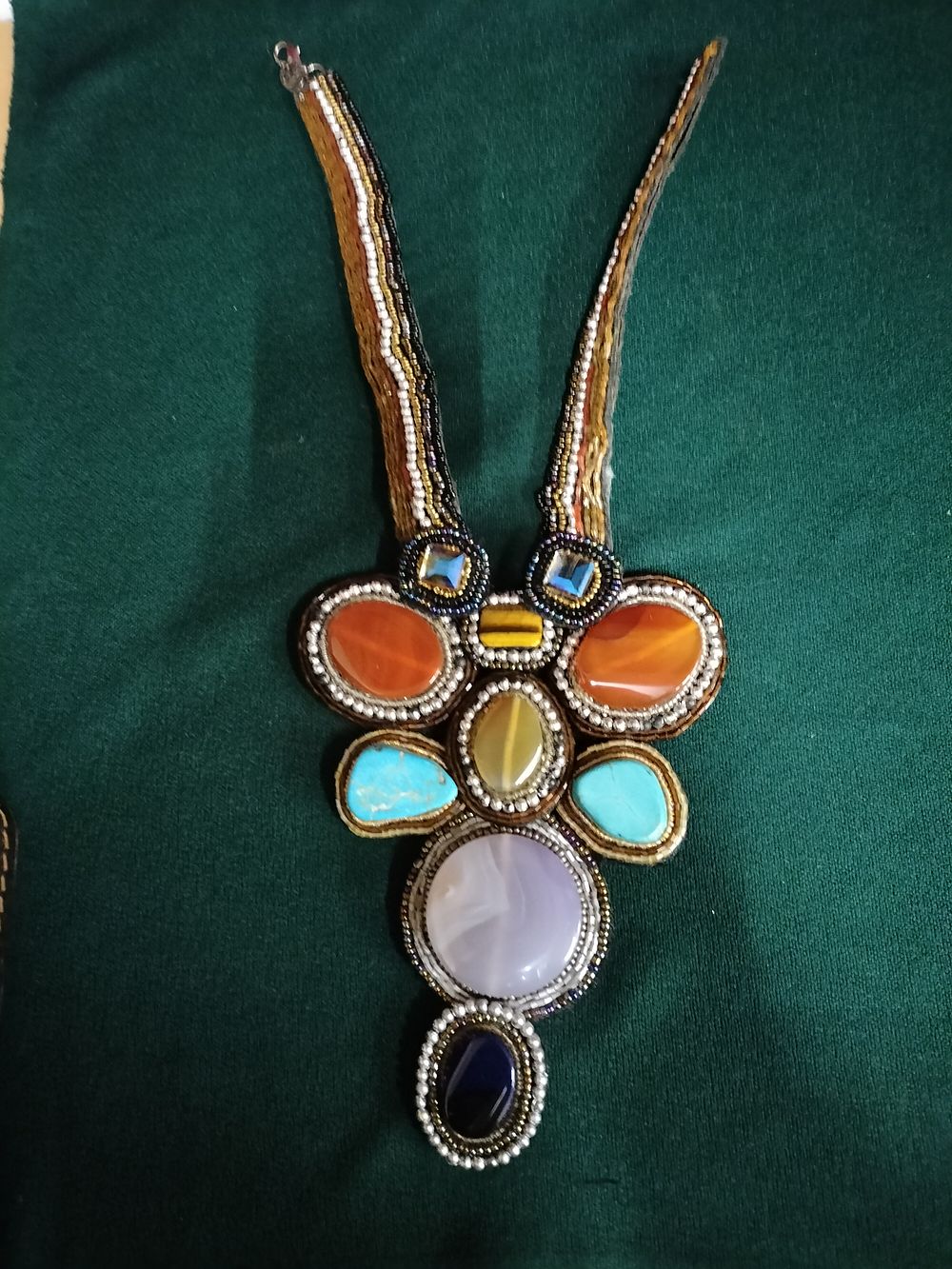 Lot 189 – Large Artisan Bead-Embroidered Statement Bib Necklace with Agates and Turquoise
