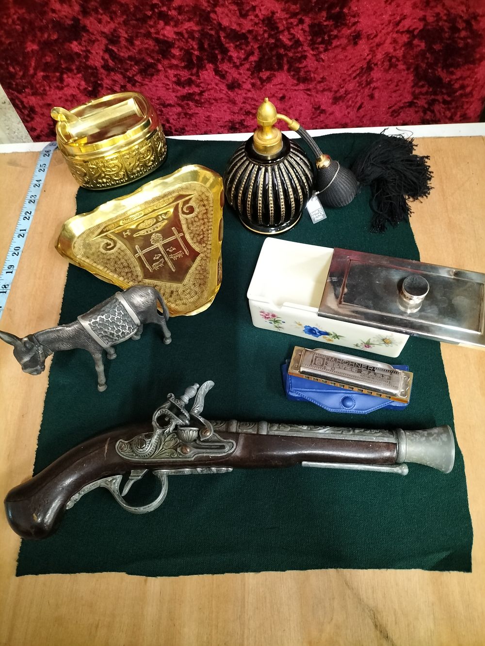 Lot 190 – An Assortment of Metalware and Decorative Collectibles Including a Marcel Franck Atomizer and M. Hohner Harmonica
