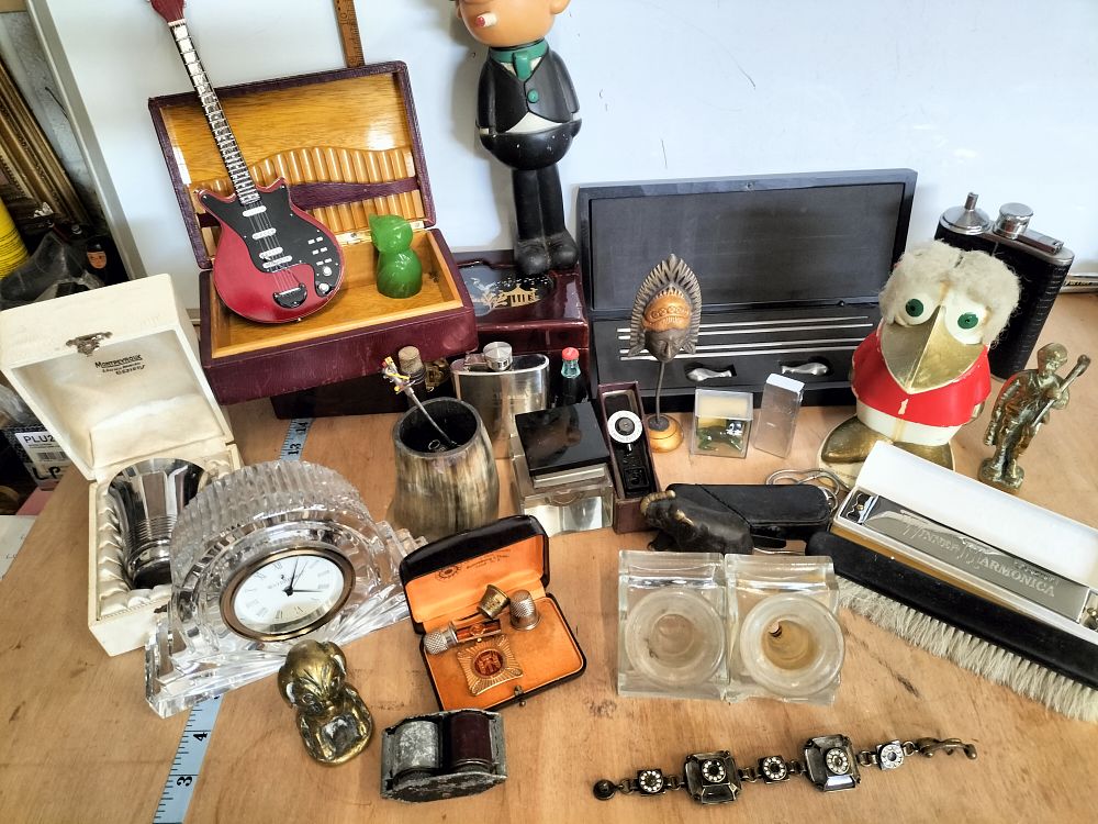 Lot 161 – A Collection of Antique and Vintage Desk Accessories Including Glass Inkwells and a Waterford Crystal Clock