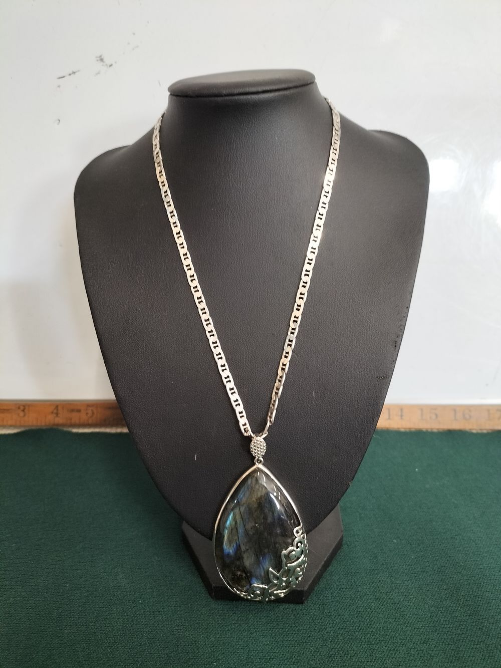 Lot 187 – Large Labradorite Teardrop Pendant on Flat Mariner-Link Chain