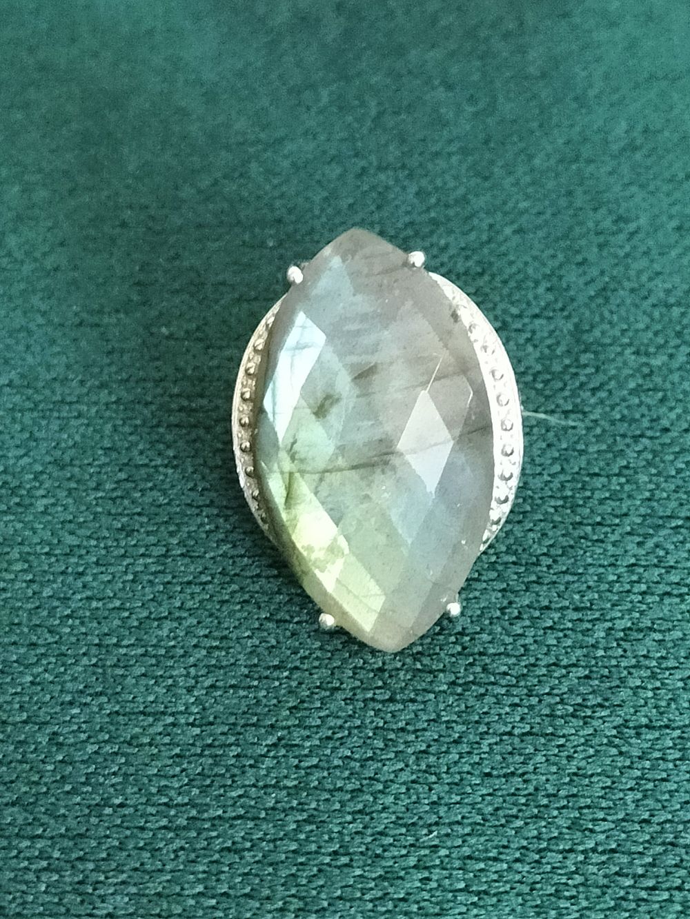 Lot 189 – Large Marquise Cut Labradorite Statement Ring in Silver Toned Metal