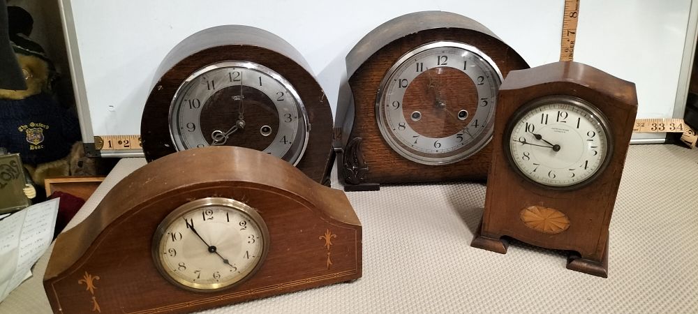 Lot 161 – A Group of English Wood Cased Mantel Clocks including Smiths Enfield and Hapkinsworth