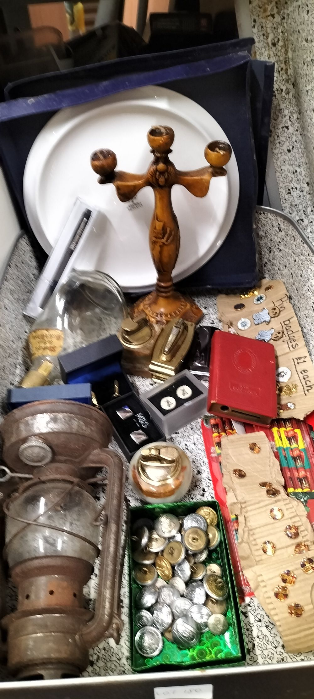 Lot 180 – A Collection of Vintage Collectibles Including Egyptian Revival Candelabra and Hurricane Lantern