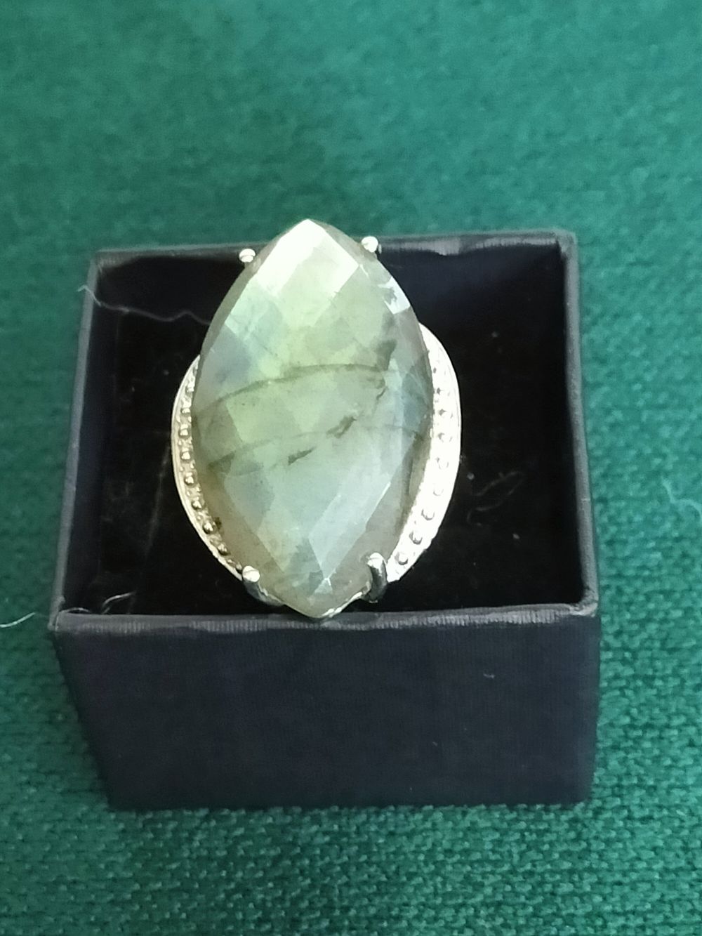 Lot 202 – Large Marquise Cut Labradorite and Colourless Stone Statement Ring in White Metal