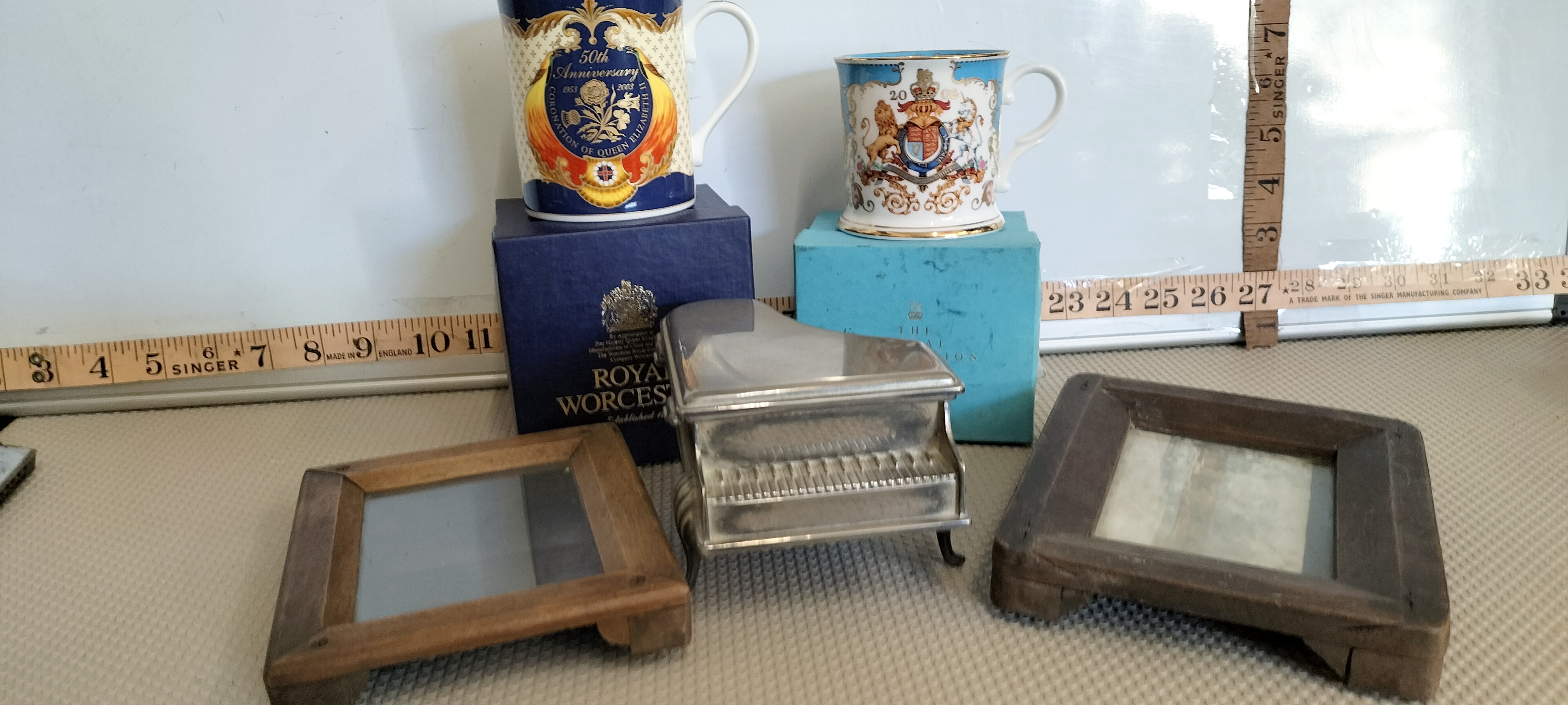 A Collection of Royal Commemorative Ceramics, a Silver-Plated Novelty Trinket Box, and J.H. Dallmeyer Photographic Contact Printing Frames