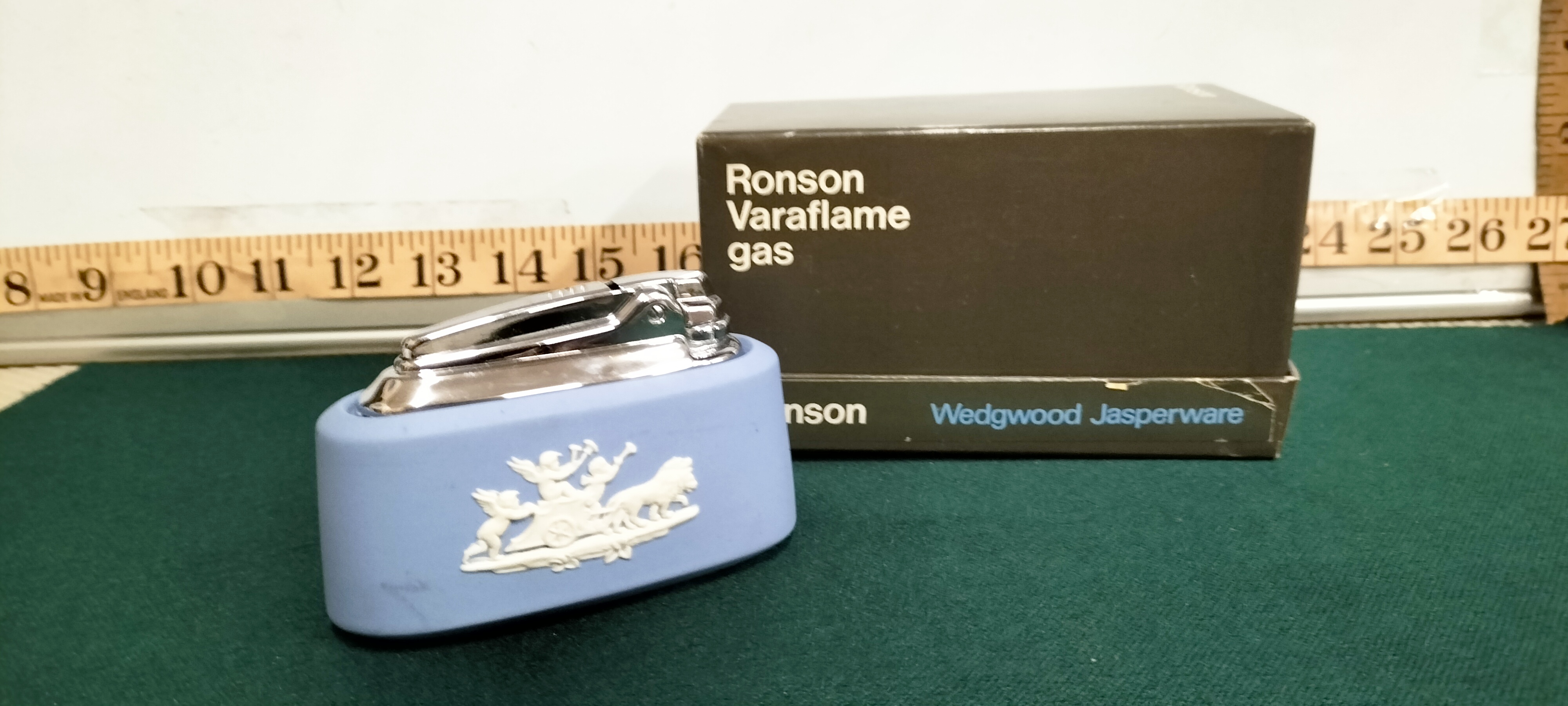 A Ronson Varaflame Wedgwood Blue Jasperware Gas Table Lighter with Original Box