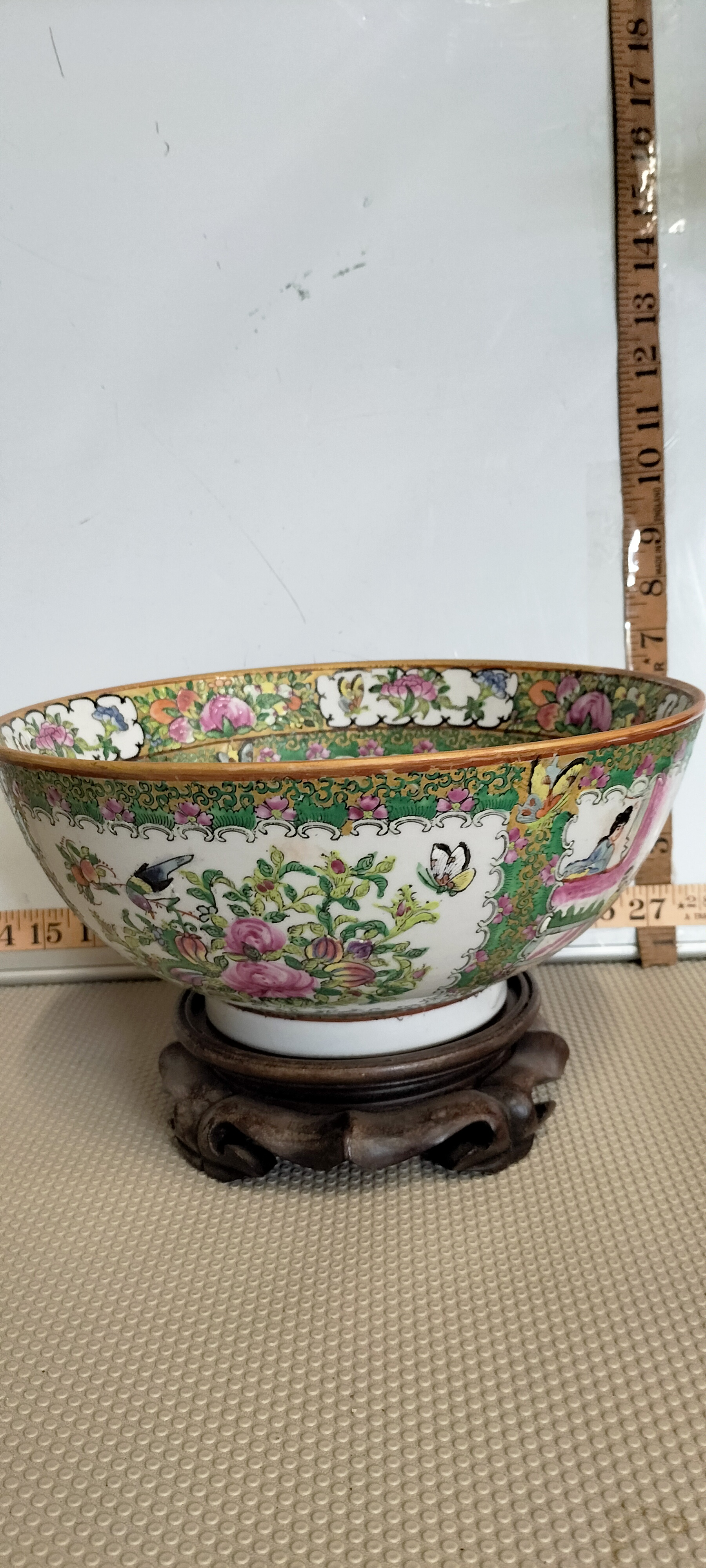 Large Chinese Rose Medallion Porcelain Punch Bowl and Carved Wood Stand Late 19th Century