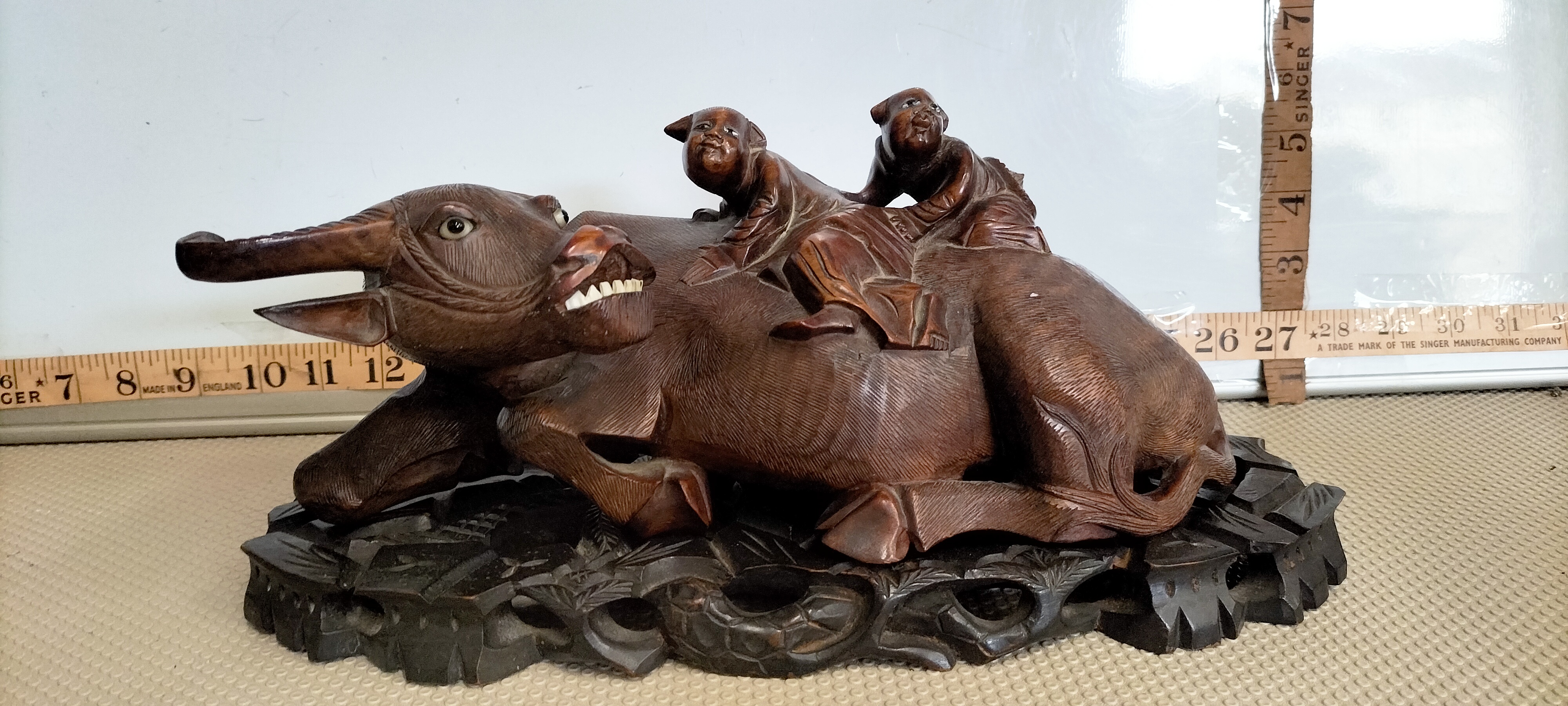 Antique Chinese Carved Hardwood Water Buffalo Group with Boys on Fitted Stand