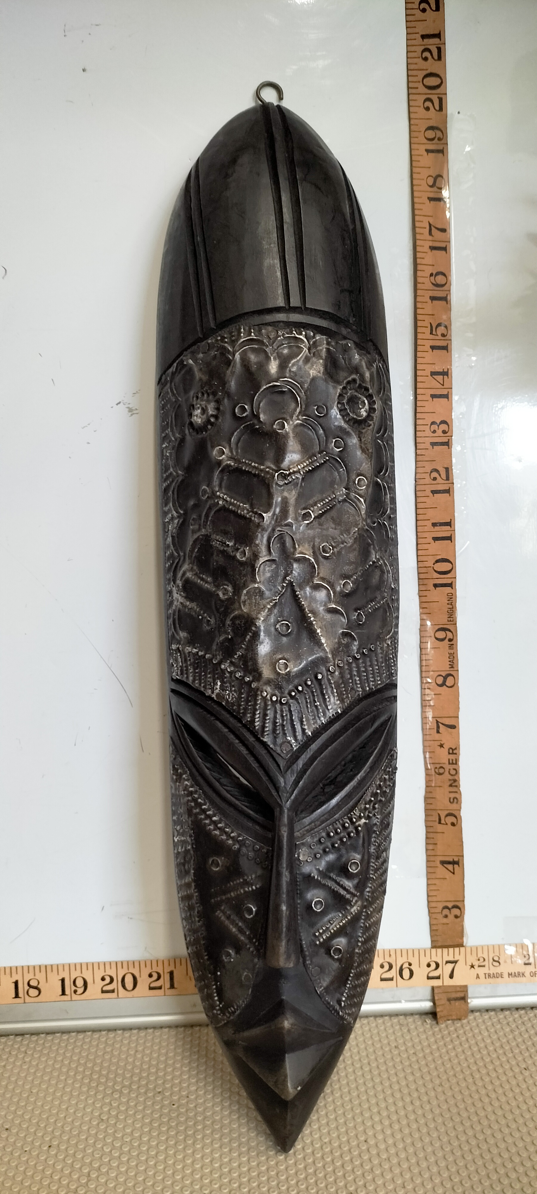 Ghanaian Style Hand-Carved Wood and Metal Overlay Wall Mask