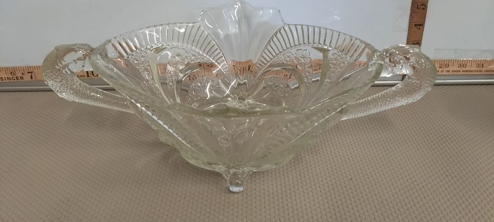 Lot 201 – An Art Deco Clear Pressed Glass Three-Footed Centrepiece Bowl with Serpent Handles