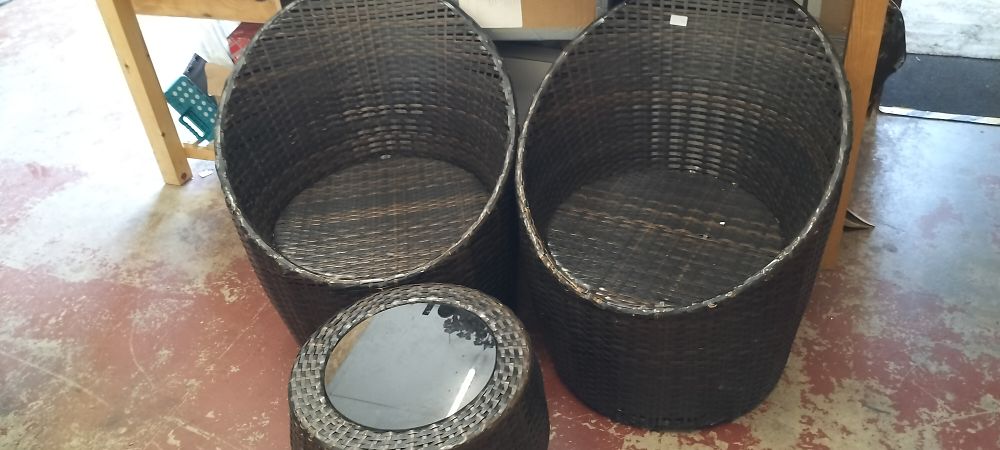 Lot 216 – A Trio of Contemporary Synthetic Wicker Barrel Style Garden Furniture