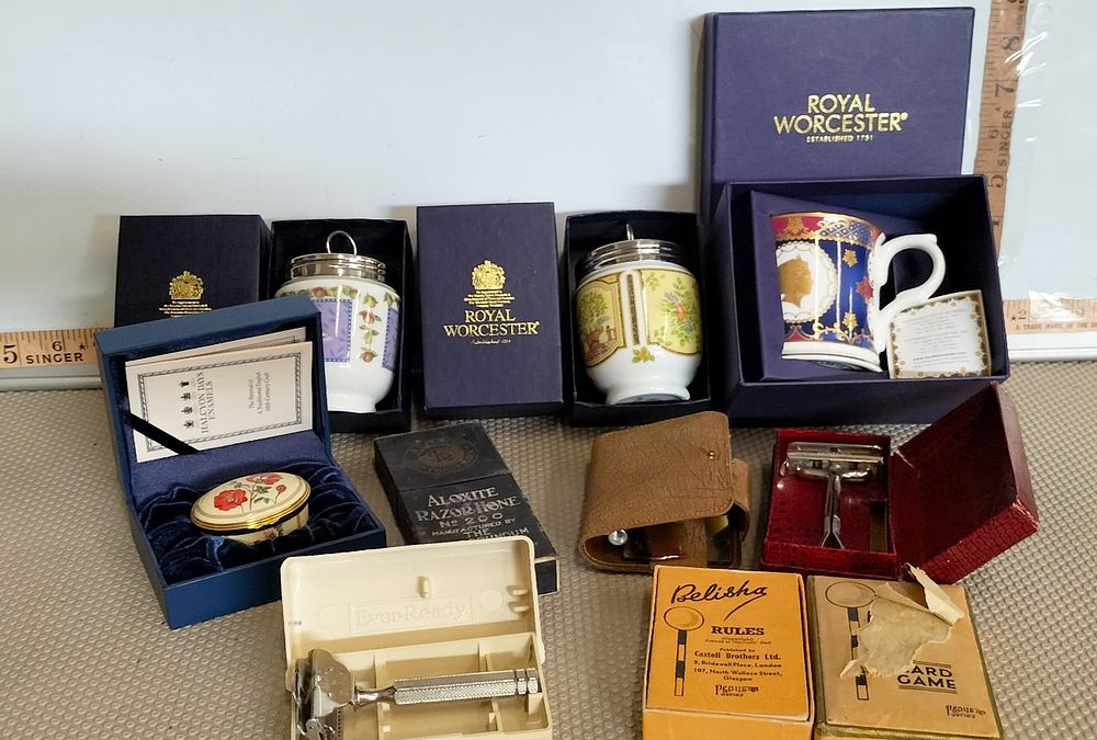 Lot 152 – A Collection of Vintage English Ceramics, Halcyon Days Enamels, Shaving Equipment, and Card Games
