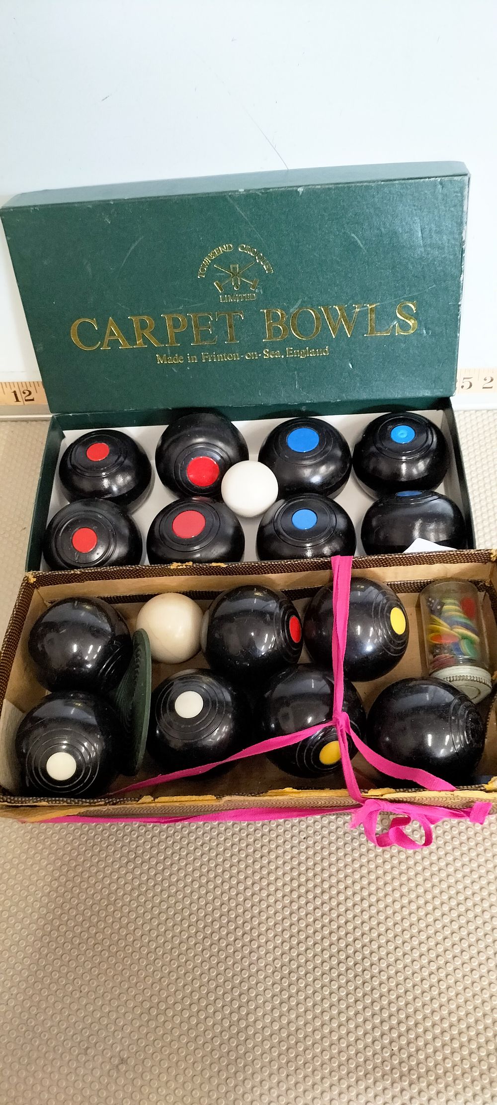Lot 159 – Two Sets of Vintage Townsend Croquet Limited Indoor Carpet Bowls and Accessories