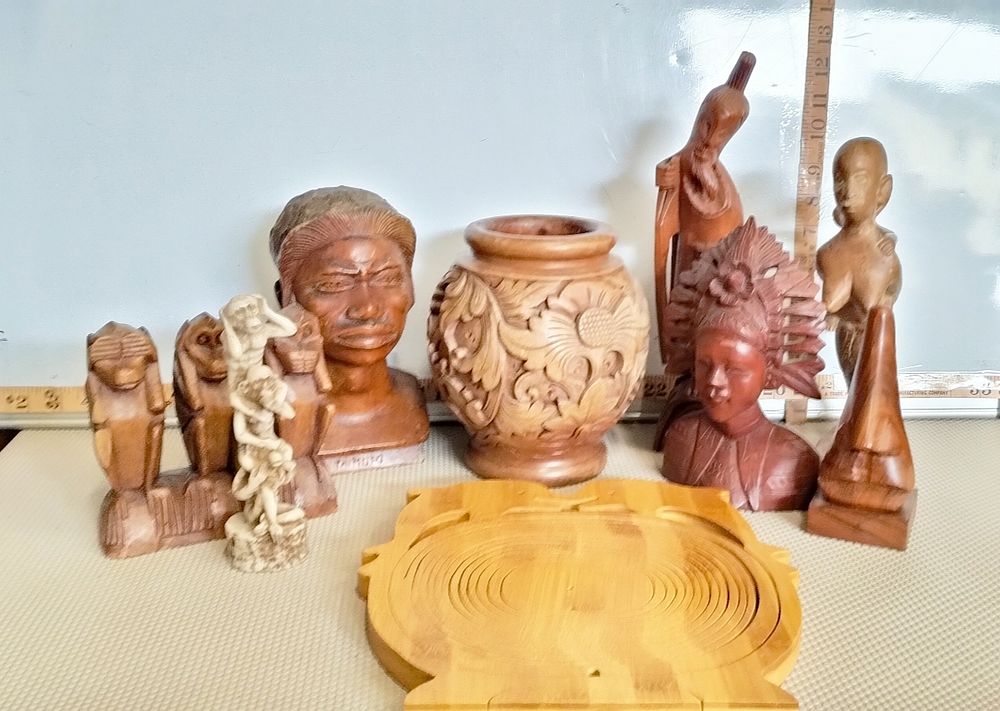Lot 162 – An Assortment of Global Carved Wooden Figures, Vessels, and Decorative Objects