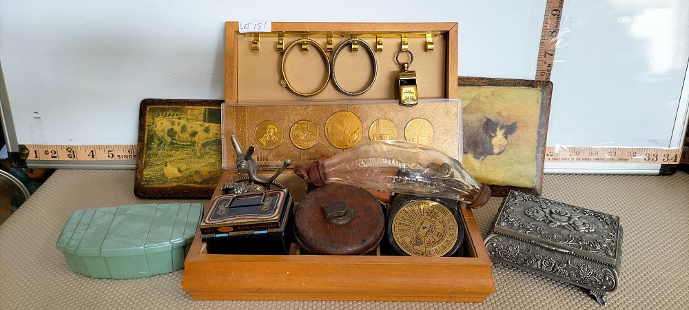 Lot 181 – An Assortment of Vintage and Antique Collectibles Including Hudson Whistle and Soviet Medallions