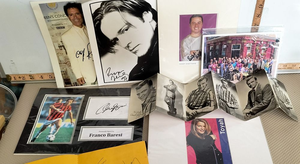 Lot 189 – A Collection of Signed Entertainment and Sports Memorabilia Including Cliff Richard, Gary Numan, and Franco Baresi