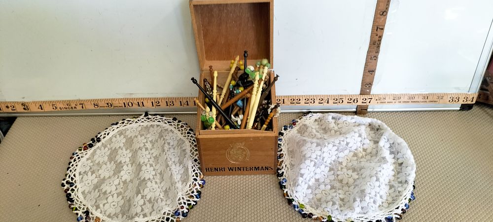 Lot 191 – A Collection of East Midlands Lace Bobbins and a Pair of Beaded Lace Food Covers