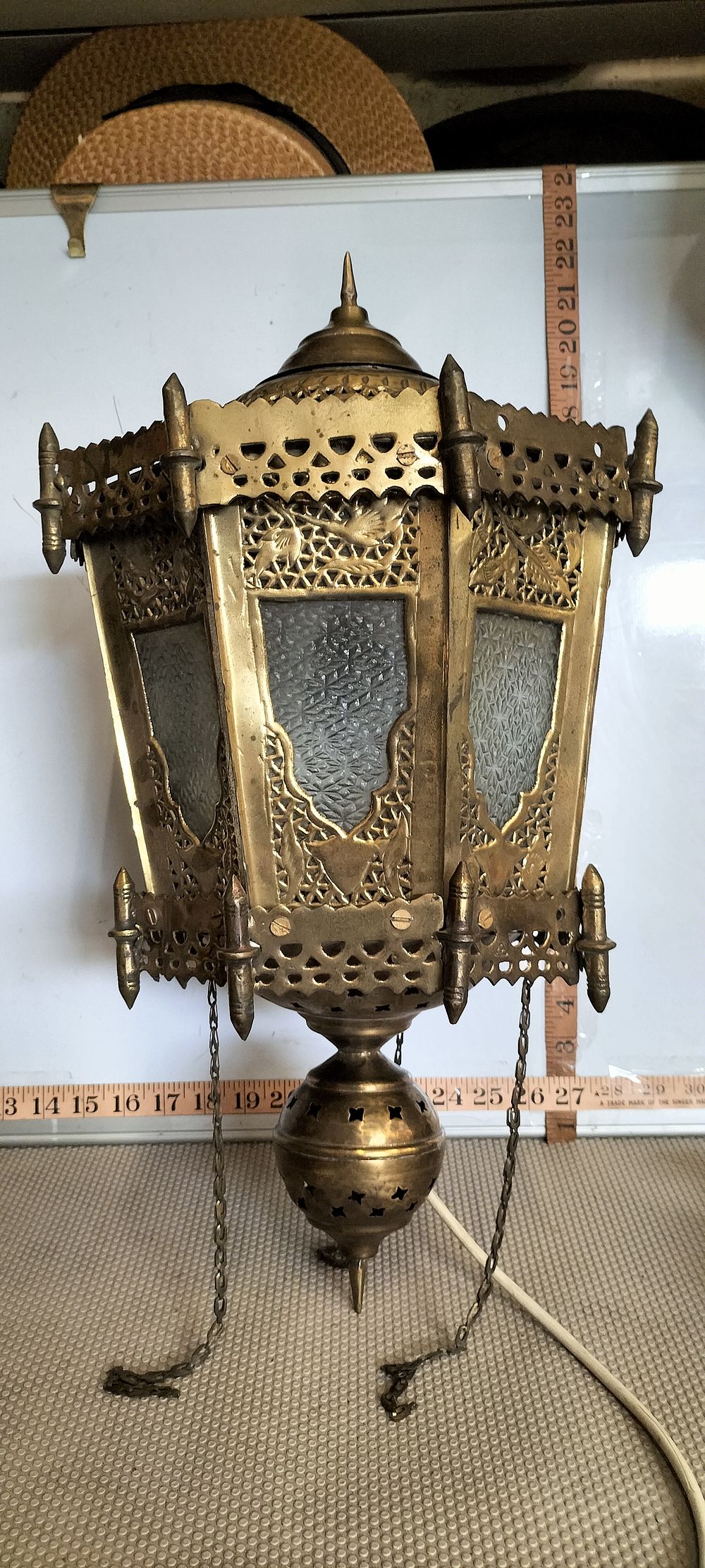 Lot 195 – A Brass Moorish Style Pierced Hexagonal Hanging Lantern