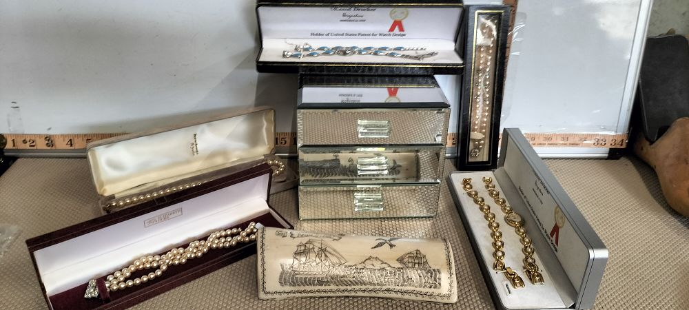 Lot 235 – An Assortment of Pearl Jewellery, Watches, and a Scrimshaw Bone Piece