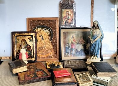 A Collection of Religious Icons Bibles and Devotional Objects. A large group of religious items 