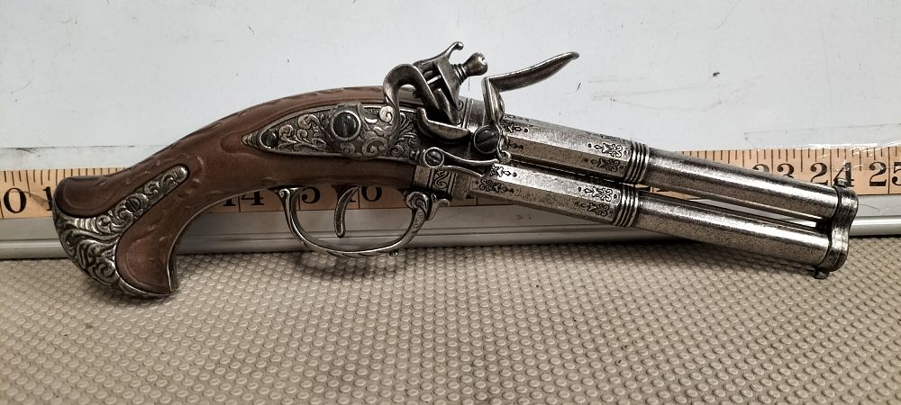 Lot 186 – Silver French Style Double Barrel Flintlock Pistol