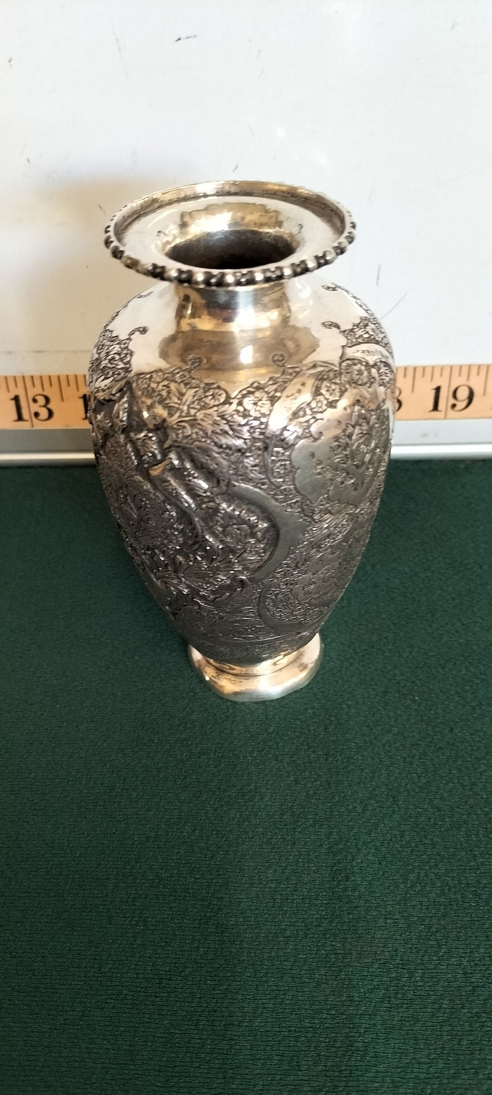 Lot 16 – Silver Persian Ghalamzani Chased Rose and Nightingale Ovoid Vase