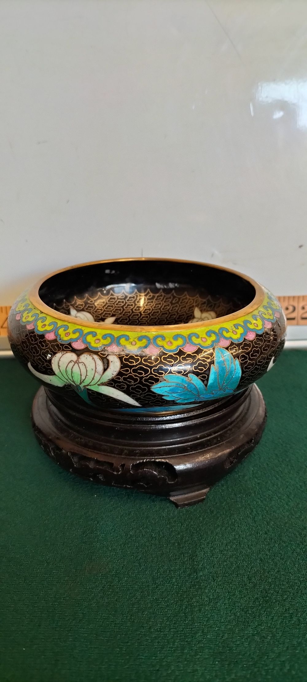 Lot 24 – A Cloisonne Enamel Floral Bowl On Carved Wood Stand