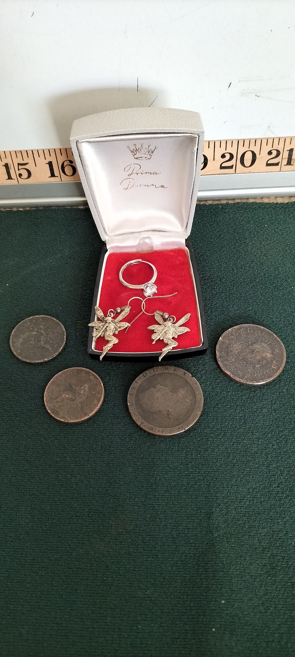 Lot 37 – Silver Fairy Motif Earrings and Ring with British Coins