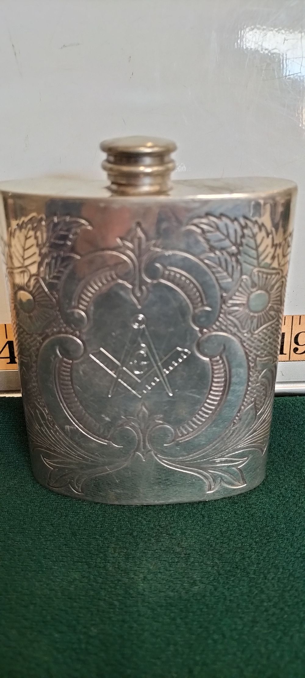Lot 50 – A Pewter Engraved Masonic Motif Pocket Hip Flask