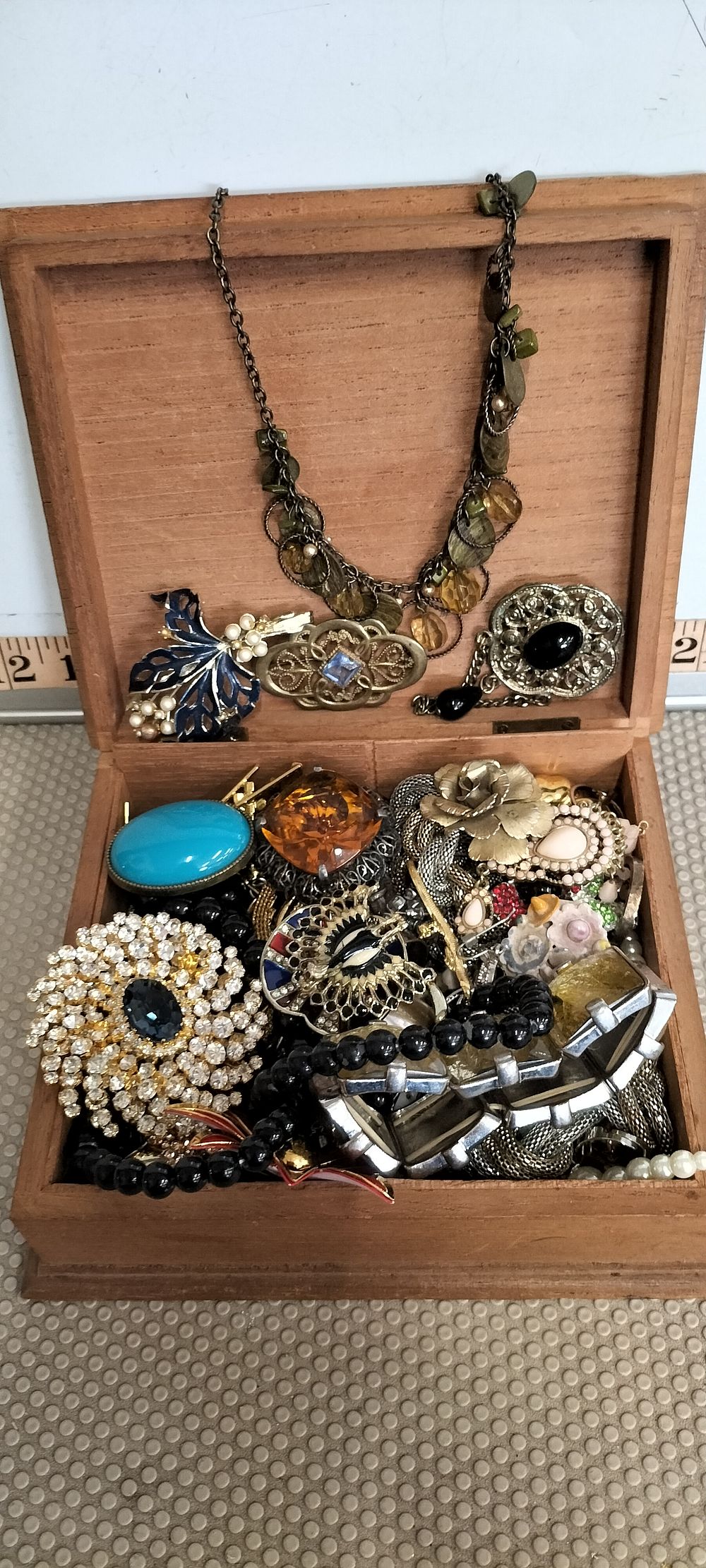 Lot 70 – A Collection of Enamel and Rhinestone Costume Jewellery in a Wooden Box