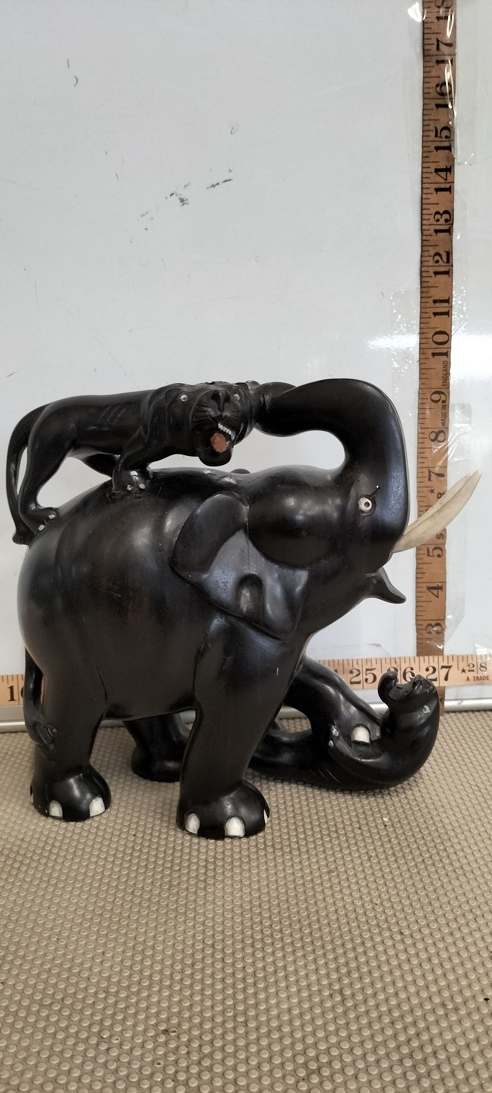 Lot 97 – Ebony Hand Carved Sculpture of an Elephant and Two Lions