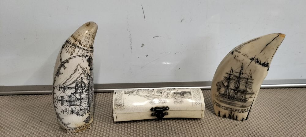 Lot 103 – Sperm Whale Tooth and Bone Trio with Scrimshaw Ship Decoration