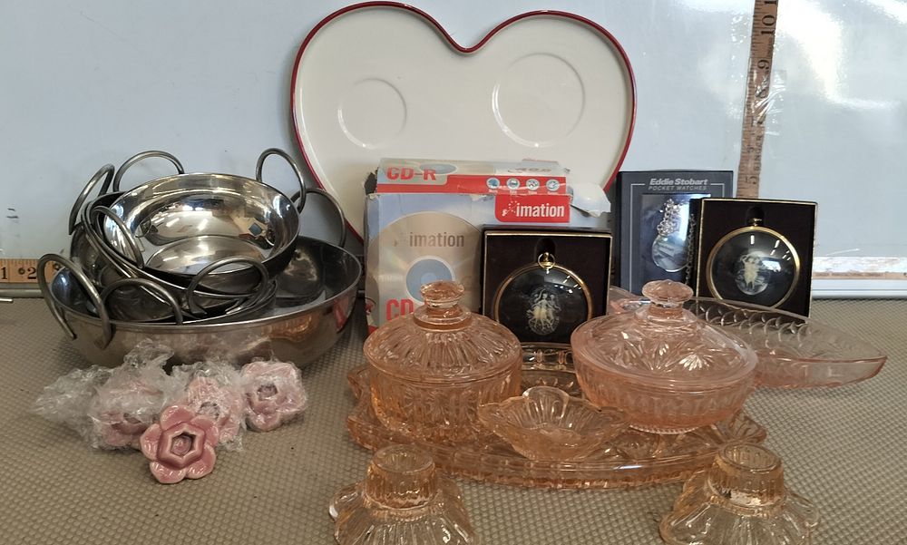 Lot 148 – A Pink Pressed Glass Vanity Set and Stainless Steel Bowls