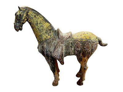 Chinese War Horse Gilt Plaster Cast Iron Sculpture, 19.5". A Tang Dynasty style war horse 