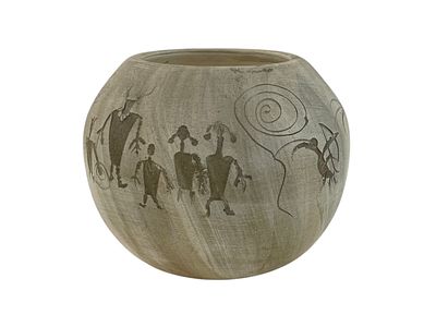 Binishtaa Navajo Pottery Vase. Decorated with petroglyph style figures; 5" tall; signed: 