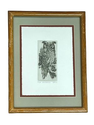 Great Horned Owl Small Etching, Signed M. Howe. Great Horned Owl Small Etching 
Titled and 