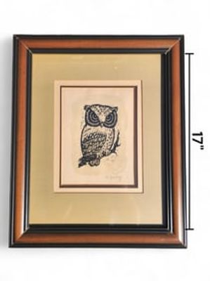 Owl Etching Artwork, Signed Bea Byford Kosloff. Framed artwork, pencil signed: Bea Byford 