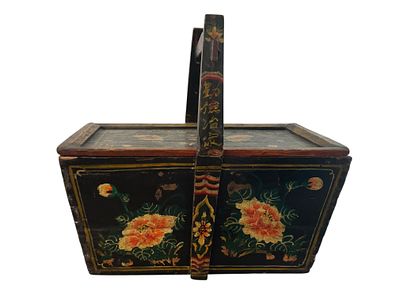 Antique Chinese Hand Painted Lunch Box. Handmade wooden box with handle and detached fitted lid. 