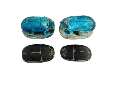 Turquoise and Stone Scarab Beetles. 4 vintage pieces, each engraved with hieroglyphics on the 