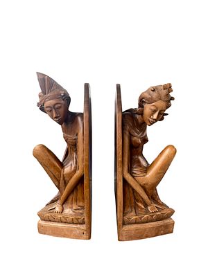 Siwa Balinese Carved Teakwood Bookends. Vintage hand-carved bookends, a pair of well detailed 